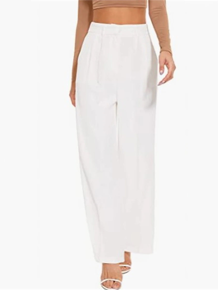 Women's Dress Pants Polyester Solid Color Light Blue Ivory white Elegant High Waist Full Length Office Street Fall Winter