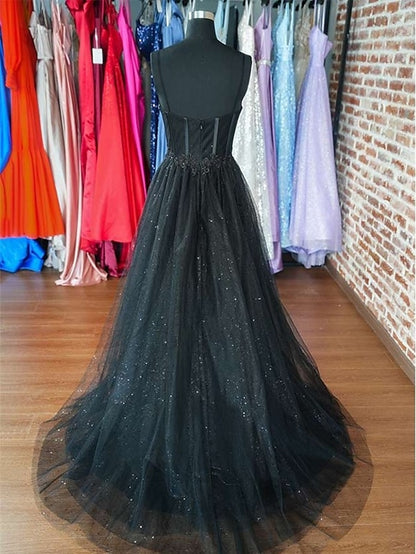 A-Line Prom Dresses Glitter Formal Gothic Dress Graduation Floor Length Sleeveless Sweetheart Spaghetti Tulle with Slit 2023 - LuckyFash™