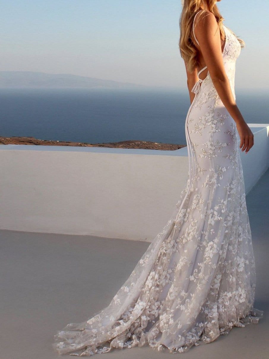 Mermaid Spaghetti Straps Lace Beach Wedding Dress