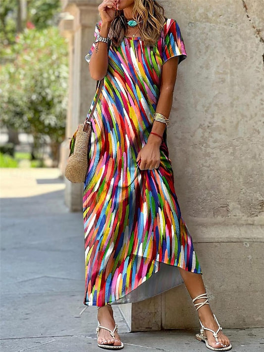 Women's Casual Dress Shift Dress Color Block Split Print Crew Neck Long Dress Maxi Dress Date Vacation Short Sleeve Summer Spring