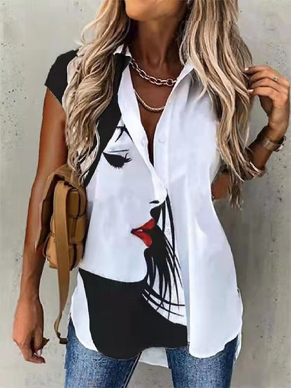 Women's Shirt Blouse Butterfly Casual Weekend Button Print Black Short Sleeve Basic Shirt Collar