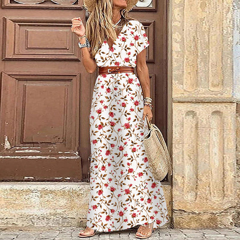 Women's Swing Dress Maxi long Dress Boho Dress Black Red Brown Short Sleeve Print Split Ruffle Button Spring Summer V Neck Vintage 2023 S M L XL XXL 3XL