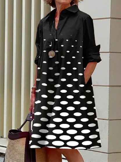 Women's Shirt Dress Casual Dress Midi Dress Outdoor Daily Vacation Polyester Fashion Casual Shirt Collar Button Pocket Long Sleeve Summer Spring Fall 2023 Loose Fit Black White Gray Polka Dot Flower