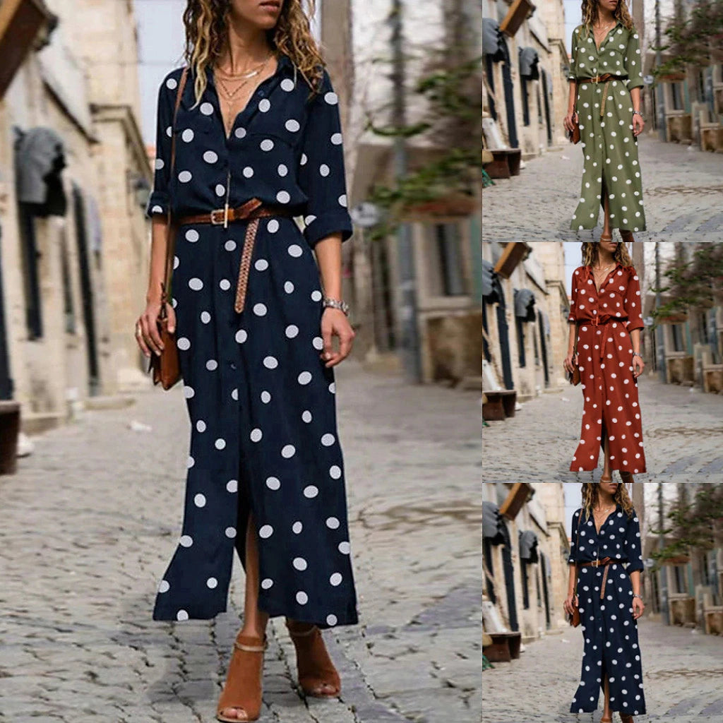 Women's Shirt Dress Maxi long Dress Winter Dress Daily Date Polyester Fashion Elegant Shirt Collar Print Long Sleeve Summer Spring Fall 2022 Regular Fit Black Army Green Red Polka Dot Round Dots S M