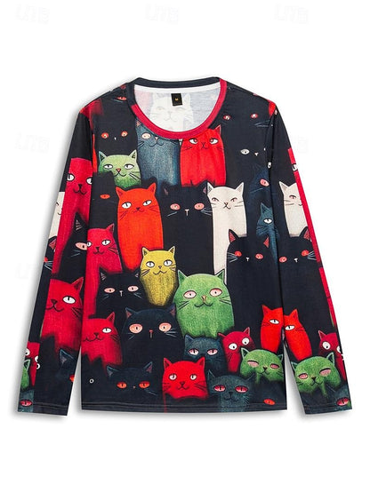 Women's T shirt Tee Cat Daily Weekend Print Black Long Sleeve Fashion Round Neck Spring &  Fall