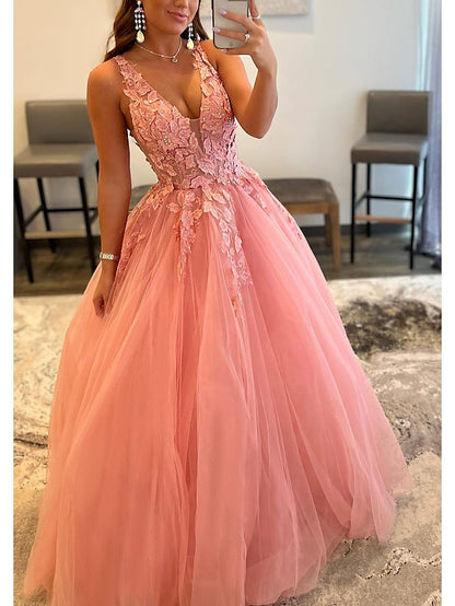 A-Line Prom Dresses Open Back Dress Formal Floor Length Sleeveless V Neck Tulle Backless with Pleats Beading Appliques 2023 - LuckyFash™