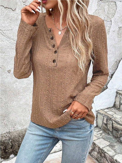 Women's Shirt Lace Shirt Blouse Eyelet top Cotton Textured Color Block Plain Work Button Black Long Sleeve Fashion Round Neck Spring &  Fall