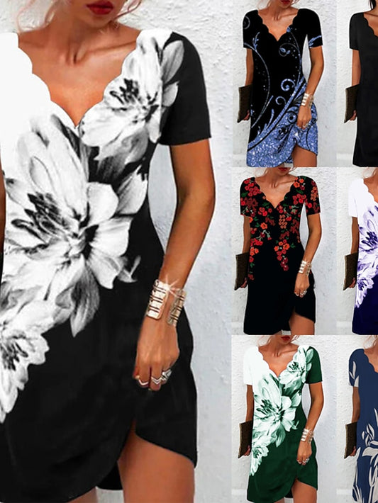 Women's Casual Dress Shift Dress Floral Dress Mini Dress Black And White Black White Short Sleeve Floral Print Summer Spring Scalloped Neck Fashion Vacation 2023 S M L XL XXL 3XL - LuckyFash™