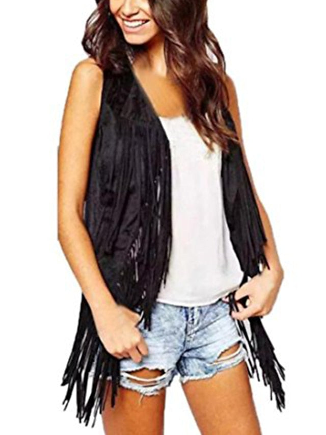 Women's Vest Regular Tassel Coat Black Gray khaki Red Beige Stylish Christmas Gifts Fall Open Front Open Front Regular Fit S M L XL 2XL 3XL / Summer / Sleeveless / Chic & Modern / Party / Daily - LuckyFash™