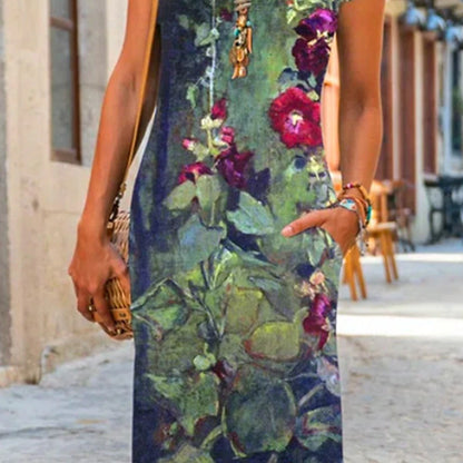 Women‘s Shift Dress Maxi long Dress Green Blue Gray Dark Blue Short Sleeve Floral Pocket Print Spring Summer Crew Neck Casual 2023 S M L XL XXL XXXL