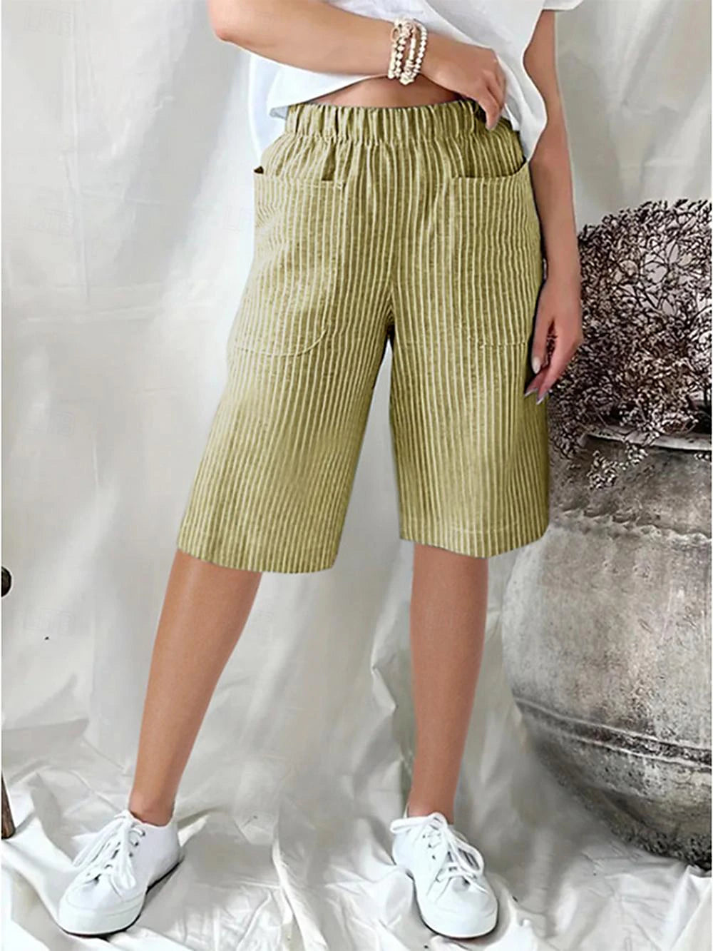 Women's Shorts Linen Cotton Blend Striped Black Yellow Casual Daily Knee Length Going out Weekend Summer