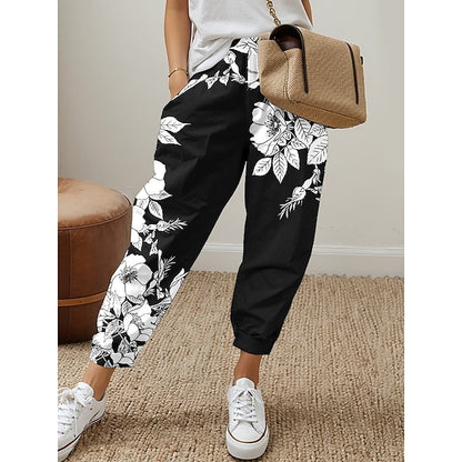 Women's Sweatpants Polyester Floral Black White Active Mid Waist Long Street Daily Wear Spring