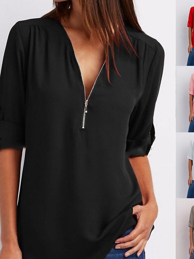 Womenâ€˜s Blouse Shirt Zipper Basic Plain Daily V Neck T-shirt Sleeve Regular Summer White Black Pink Grey Dark Blue - LuckyFash™