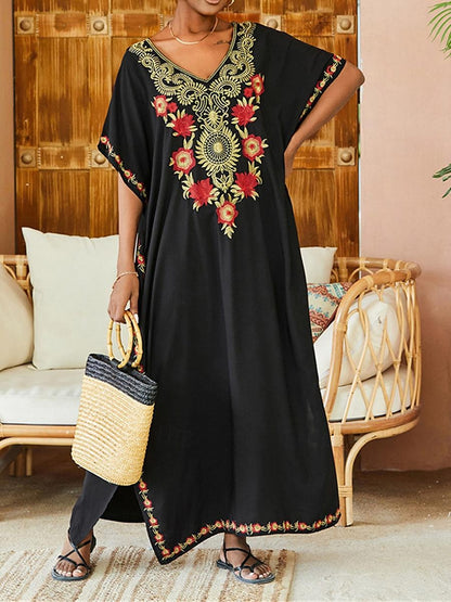 Women's White Dress Summer Dress Cover Up Long Dress Maxi Dress Embroidered Split Vacation Beach Maxi Boho V Neck Half Sleeve Black White Color