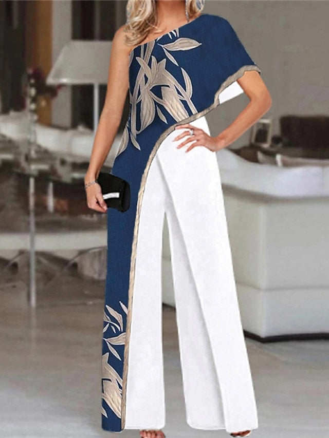 Women's Elegant OL Style Printed Evening Party One Shoulder High Waist Blue White Black Jumpsuit Wide Leg Pants - LuckyFash™