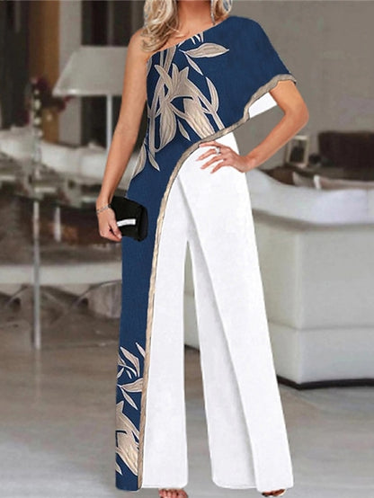 Women's Elegant OL Style Printed Evening Party One Shoulder High Waist Blue White Black Jumpsuit Wide Leg Pants - LuckyFash™