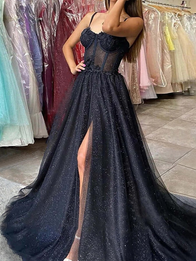 A-Line Prom Dresses Glitter Formal Gothic Dress Graduation Floor Length Sleeveless Sweetheart Spaghetti Tulle with Slit 2023 - LuckyFash™