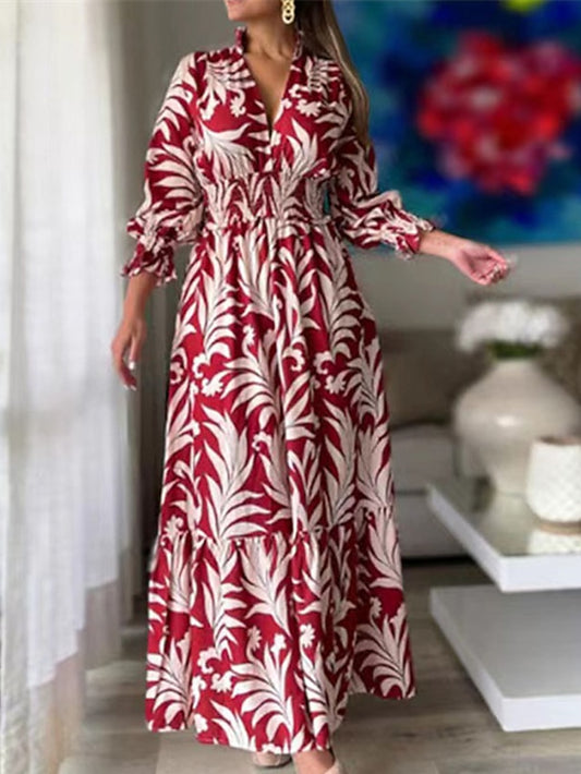 Women's Swing Dress Boho Dress Maxi long Dress Black Yellow Red Long Sleeve Floral Print Fall Winter V Neck Elegant Winter Dress Fall Dress Loose Fit 2023 S M L XL XXL 3XL