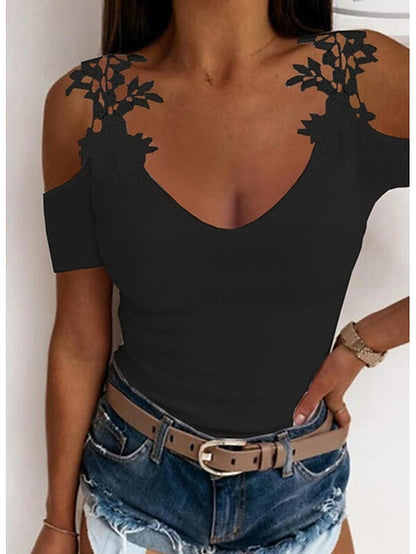 Women's T shirt Tee Going Out Tops Burgundy Tee Concert Tops Plain Casual Weekend Lace Cut Out Cold Shoulder Black Short Sleeve Elegant Fashion Basic U Neck Off Shoulder Summer Spring