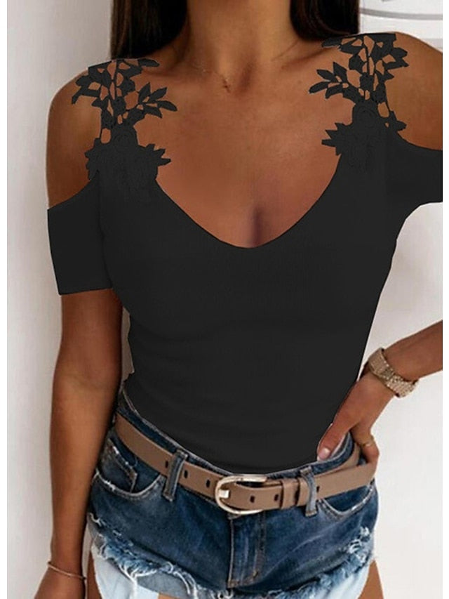 Women's T shirt Tee Going Out Tops Concert Tops Black White Wine Plain Lace Cut Out Short Sleeve Casual Weekend Basic Sexy U Neck Regular S - LuckyFash™