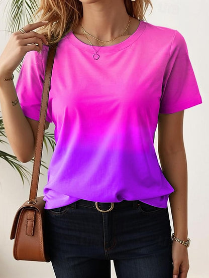 Women's T Shirt Tee Gradient Color Shirt Casual Holiday Crew Neck Short Sleeve Ombre Stylish Summer Top