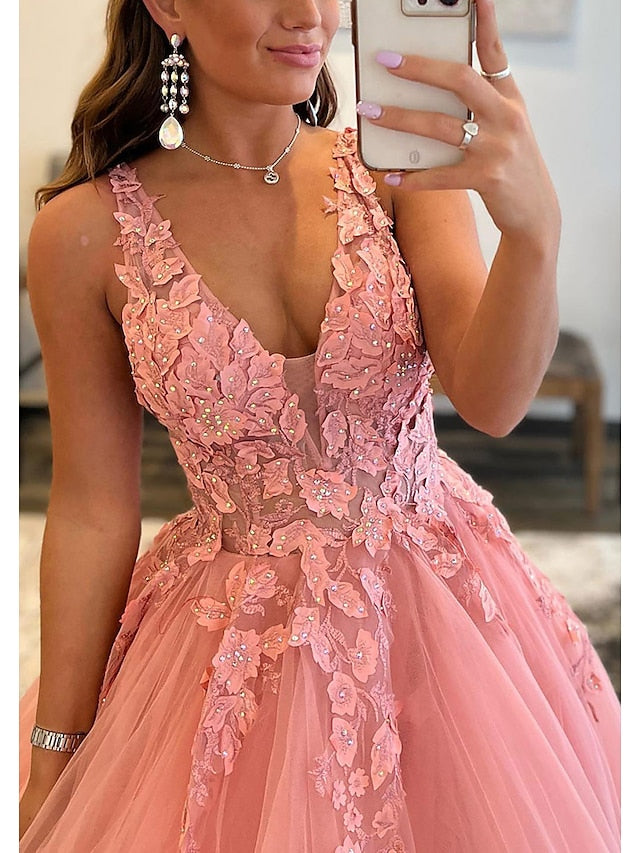 A-Line Prom Dresses Open Back Dress Formal Floor Length Sleeveless V Neck Tulle Backless with Pleats Beading Appliques 2023 - LuckyFash™