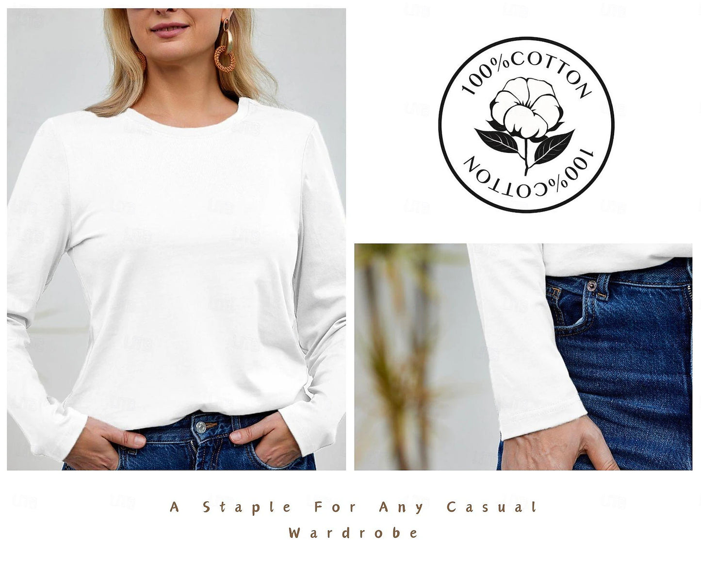 100% Cotton Women's T Shirt White Basic Long Sleeve Tee Casual Tops Round Neck Regular