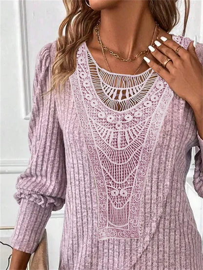 Women's Shirt Lace Shirt Blouse Plain Casual Lace Pink Long Sleeve Fashion Round Neck Spring