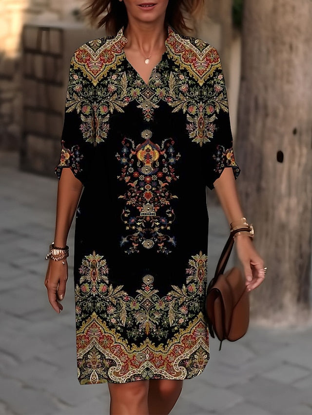 Women's Shirt Dress Casual Dress Cotton Linen Dress Midi Dress Button Print Daily Vacation Shirt Collar 3/4 Length Sleeve Summer Spring Fall Black Red Floral