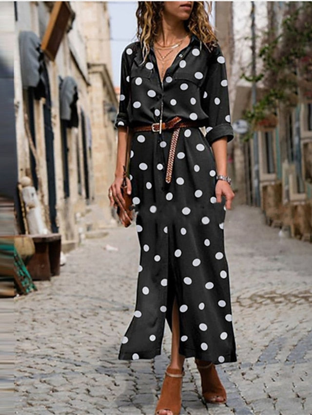 Women's Shirt Dress Maxi long Dress Winter Dress Daily Date Polyester Fashion Elegant Shirt Collar Print Long Sleeve Summer Spring Fall 2022 Regular Fit Black Army Green Red Polka Dot Round Dots S M