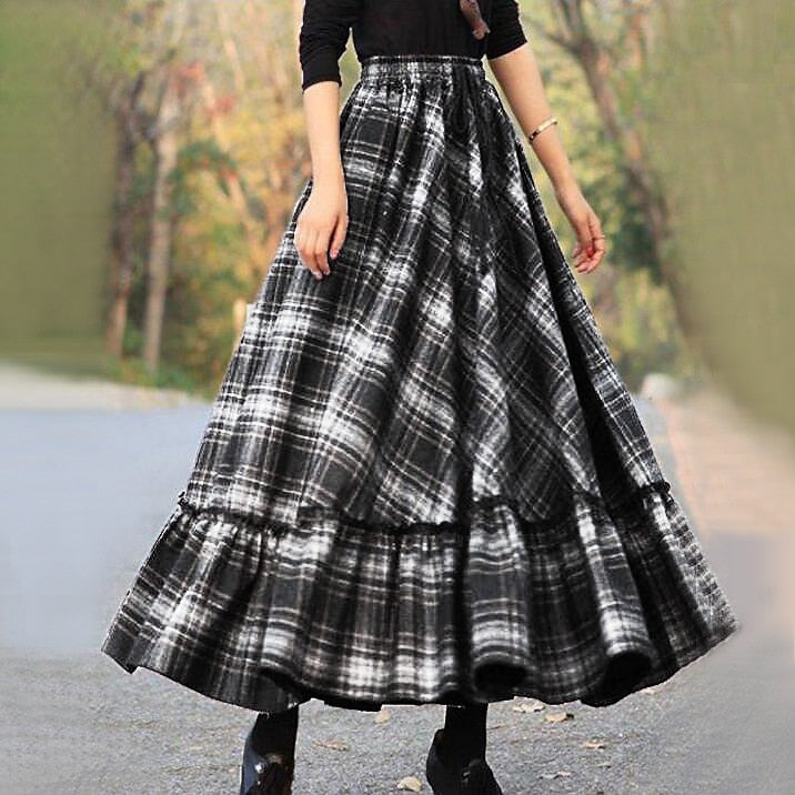 Women's Skirt Swing Work Skirts Long Skirt Maxi Skirts Ruffle Print Plaid Christmas Daily Autumn / Fall Polyester Cotton Blend Fashion Summer Black Red Fuchsia Gray