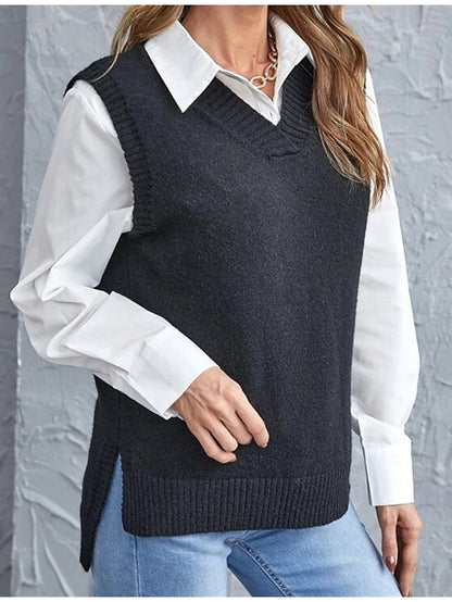 Women's Sweater Vest V Neck Knit Acrylic Knitted Summer Spring School Daily Going out Stylish Basic Casual Sleeveless Pure Color Black Wine Army Green S M L