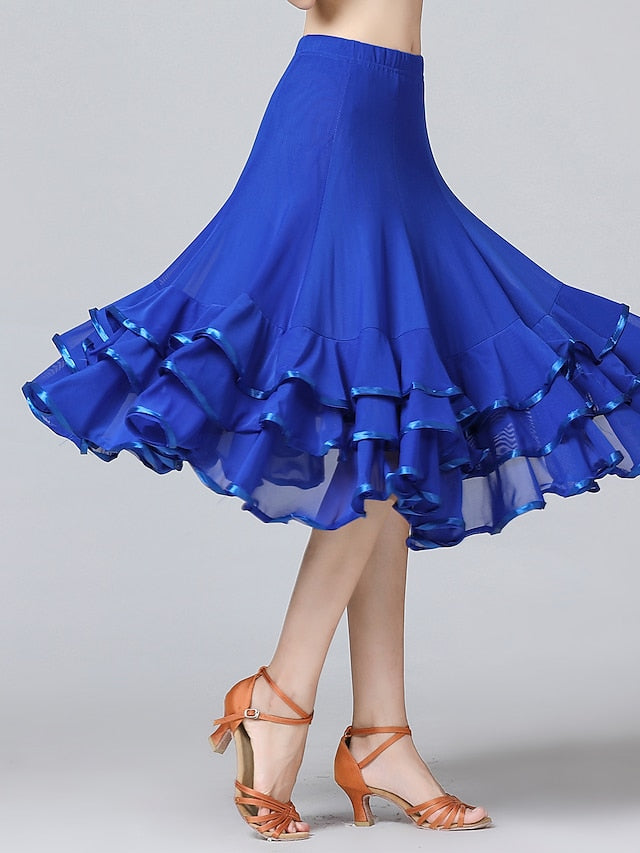 Ballroom Waltz Modern Dancing Latin Dance Skirts Pleats Cascading Ruffles Wave-like Women's Training Performance Natural Mesh Milk Fiber - LuckyFash™