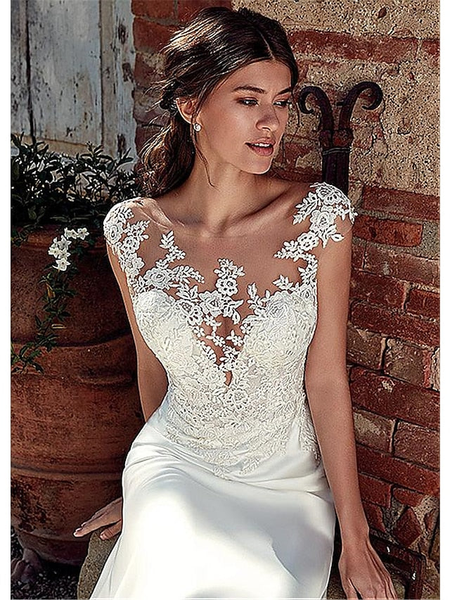 Beach Open Back Wedding Dresses Mermaid / Trumpet Illusion Neck Cap Sleeve Court Train Chiffon Bridal Gowns With Appliques 2023 Summer Wedding Party, Women's Clothing - LuckyFash™