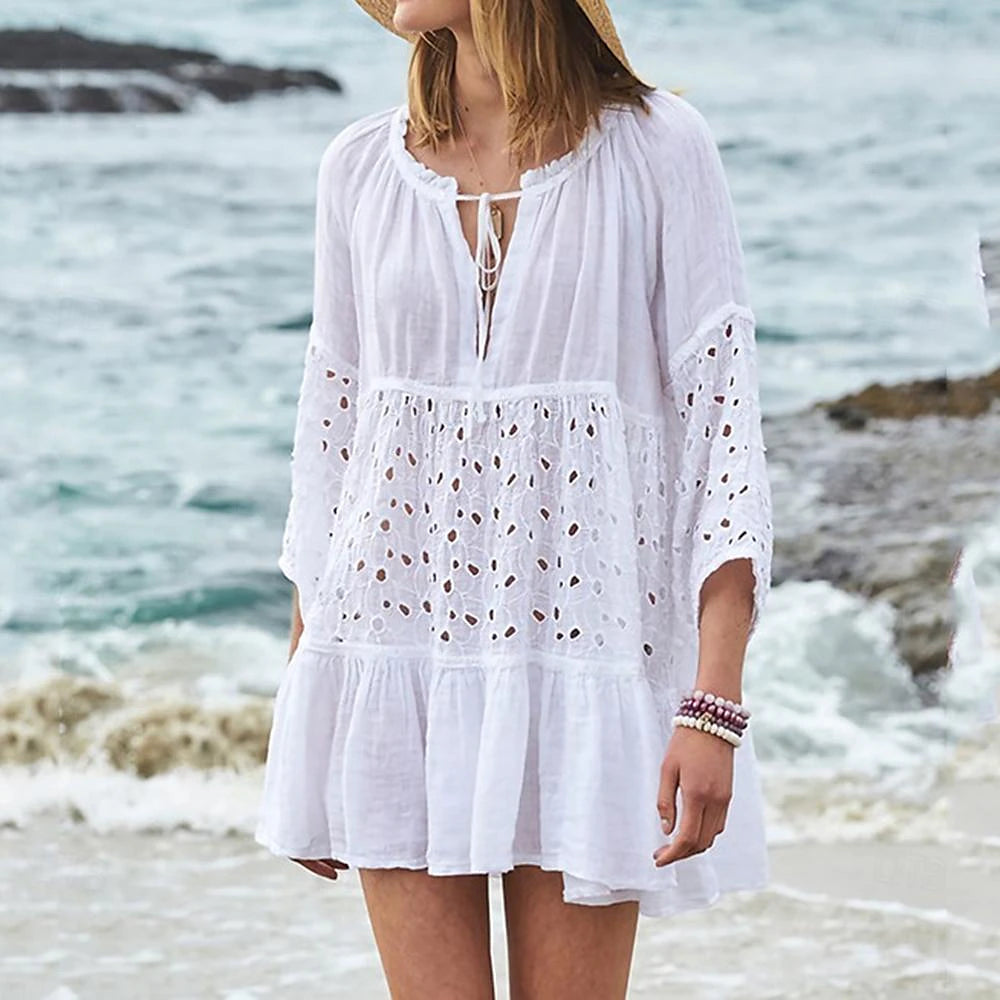 Women's White Dress Casual Dress Summer Dress Mini Dress Cotton Lace up Ruffle Vacation Beach Basic Round Neck 3/4 Length Sleeve White Color