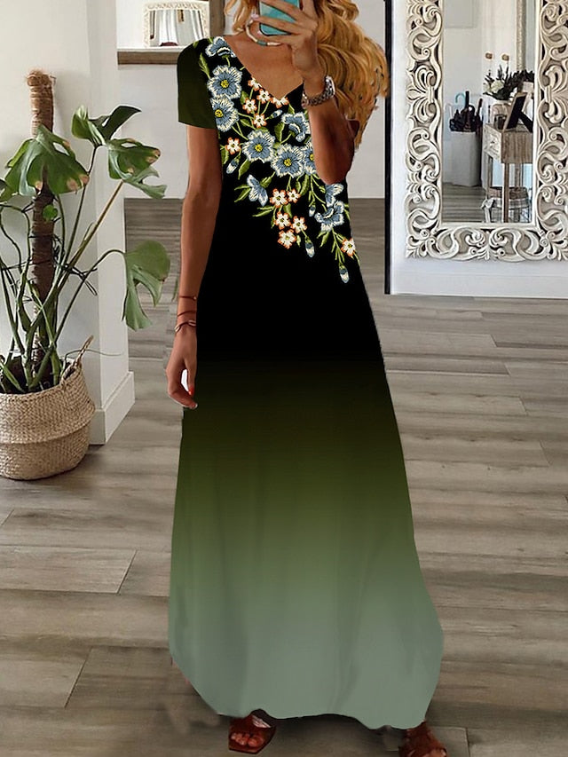 Women's Long Dress Maxi Dress Casual Dress Summer Dress Print Dress Floral Ombre Fashion Streetwear Outdoor Daily Date Print Short Sleeve V Neck Dress Regular Fit Light Green Pink Navy Blue Summer - LuckyFash™
