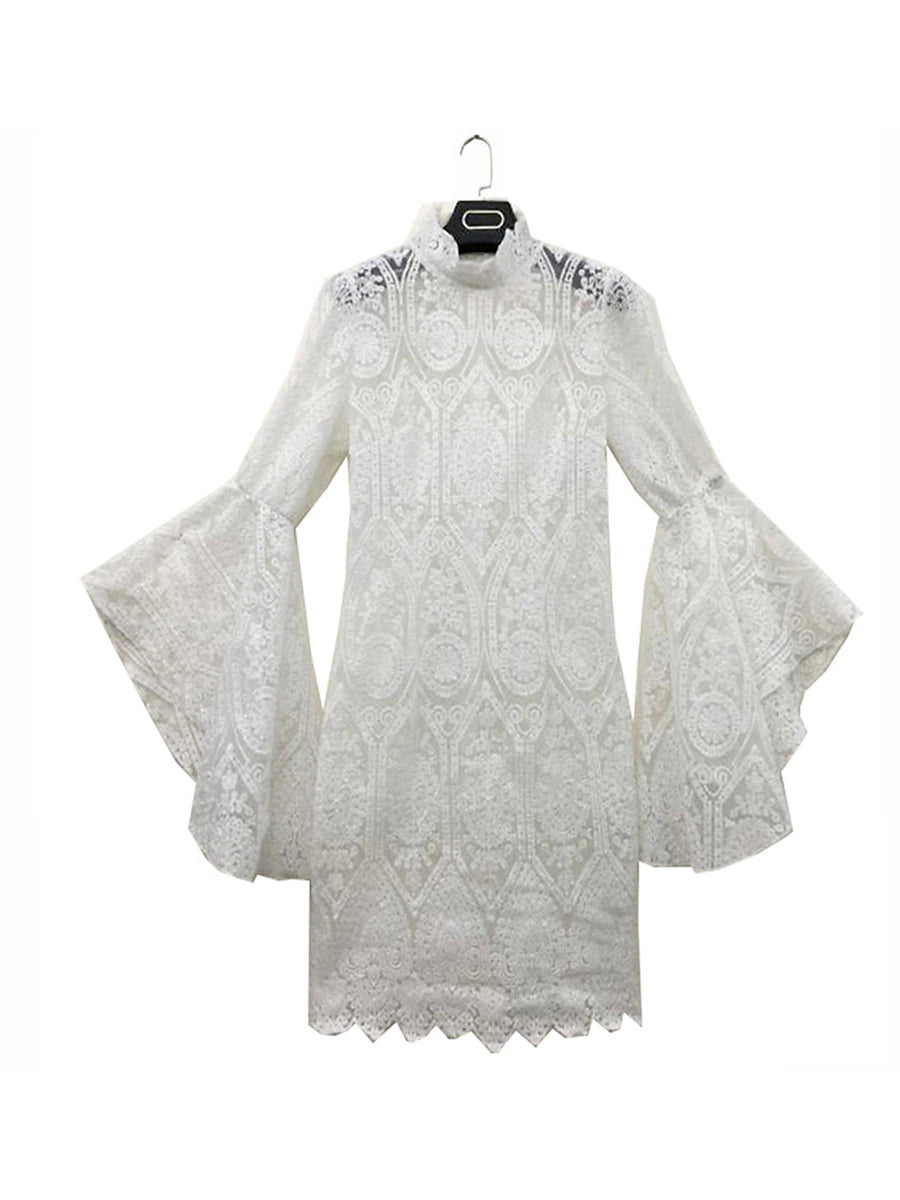 Women's Two Piece Dress Set Party Dress White Lace Wedding Dress Party Wedding Guest Fashion Party Embroidered with Sleeve Mini Dress Stand Collar Long Sleeve Plain Regular Fit White Summer Spring S