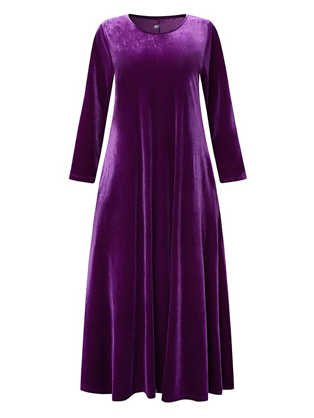 Women's Velvet Dress Shift Dress Long Dress Maxi Dress Green Black Purple Long Sleeve Pure Color Pocket Winter Fall Spring Crew Neck Mature Winter Dress Daily Vacation 2023 M L XL 2XL 3XL 4XL - LuckyFash™