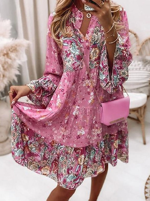 Womenâ€˜s Shift Dress BohoÂ Dress Knee Length Dress Pink Long Sleeve Floral Ruffle Smocked Print Summer Spring V Neck Boho Casual Flare Cuff Sleeve 2023 4XL - LuckyFash™