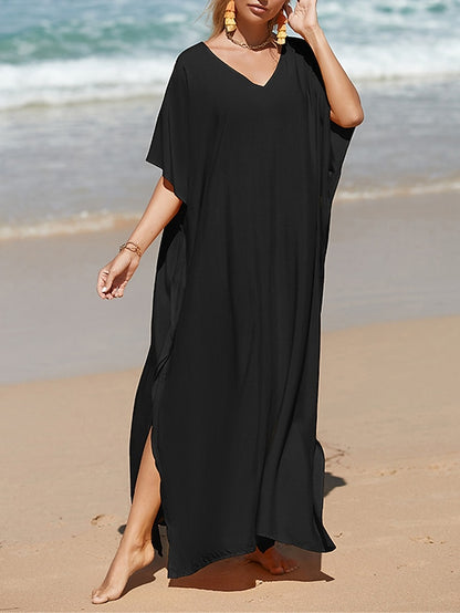 Women's White Dress Casual Dress Summer Dress Long Dress Maxi Dress Split Date Vacation Beach Maxi Basic V Neck Half Sleeve Black White Yellow Color