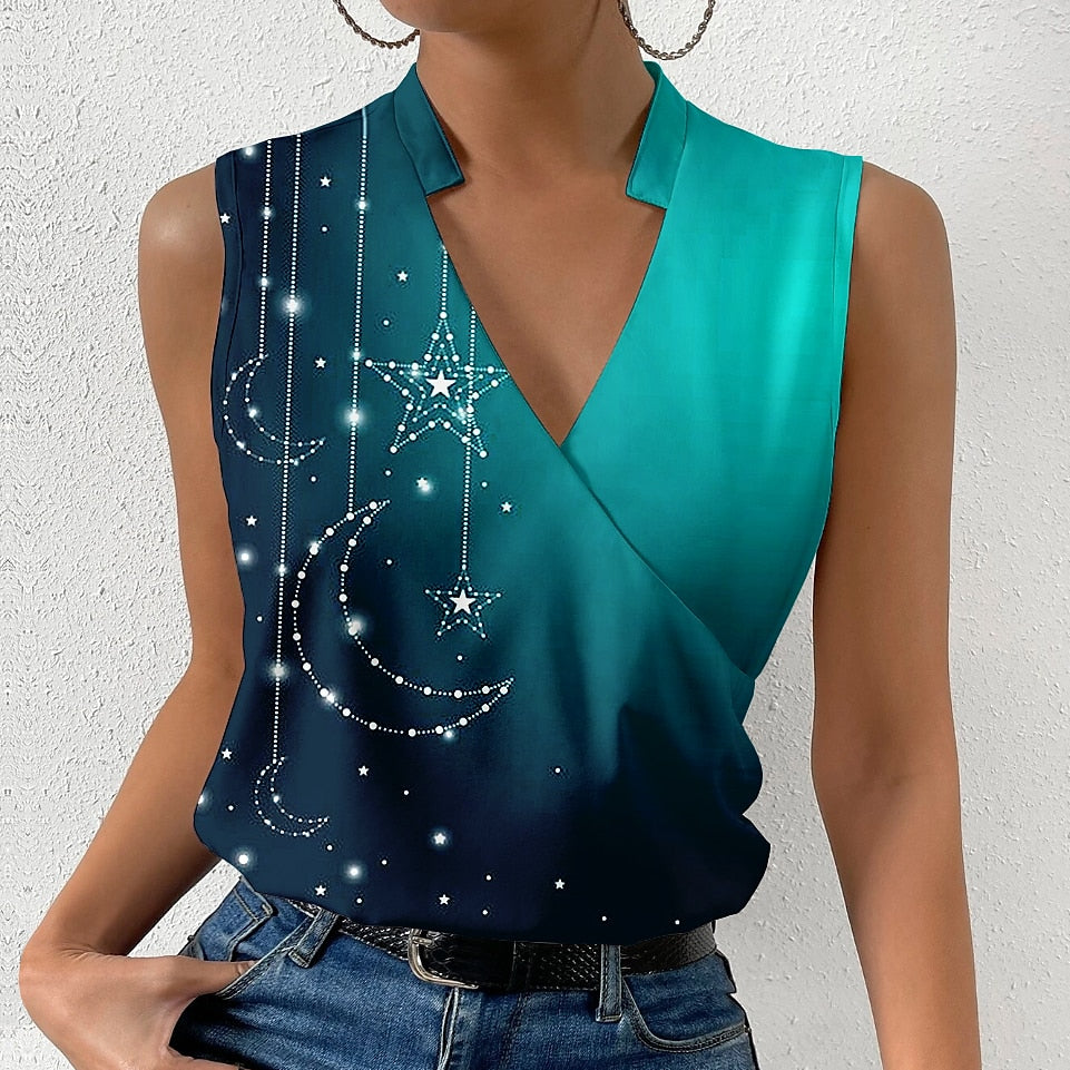 Women's Tank Top Galaxy Casual Print Black Sleeveless Fashion V Neck Summer