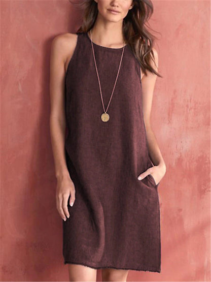 Women's White Dress Casual Dress Tank Dress Midi Dress Linen Pocket Vacation Basic Crew Neck Sleeveless White Pink Burgundy Color