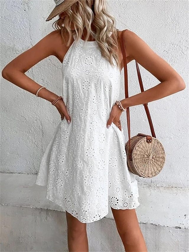 Women's White Dress Lace Dress Casual Dress Mini Dress Cotton Eyelet Daily Vacation Halter Neck Sleeveless Summer Spring Black White Plain