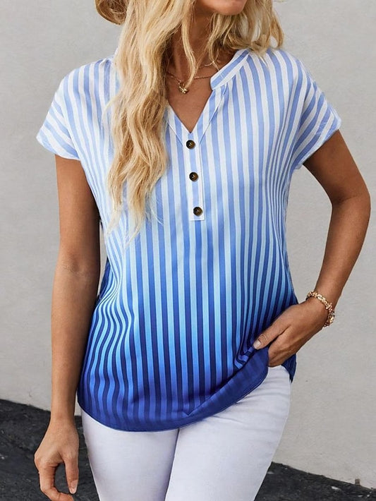 Women's T shirt Tee Ombre Striped Daily Going out Button Print Blue Short Sleeve Stylish V Neck Summer