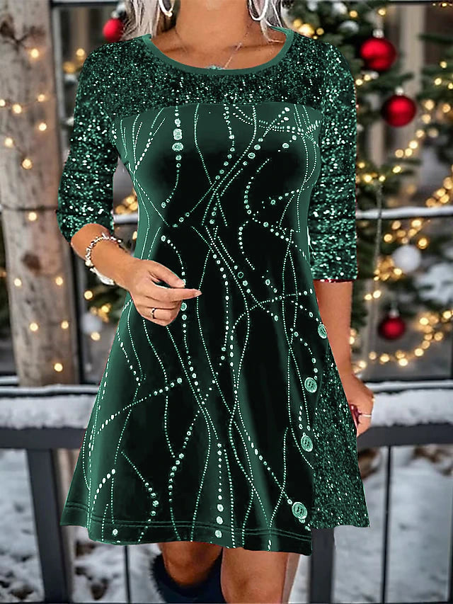 Women's Velvet Dress Sequin Dress Party Dress Velvet Sequins Shimmer Crew Neck Long Sleeve Mini Dress Christmas Birthday Wine Winter