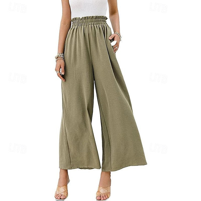 Women's Wide Leg Linen Cotton Blend Plain White Yellow Casual Daily Full Length Going out Weekend Spring & Summer