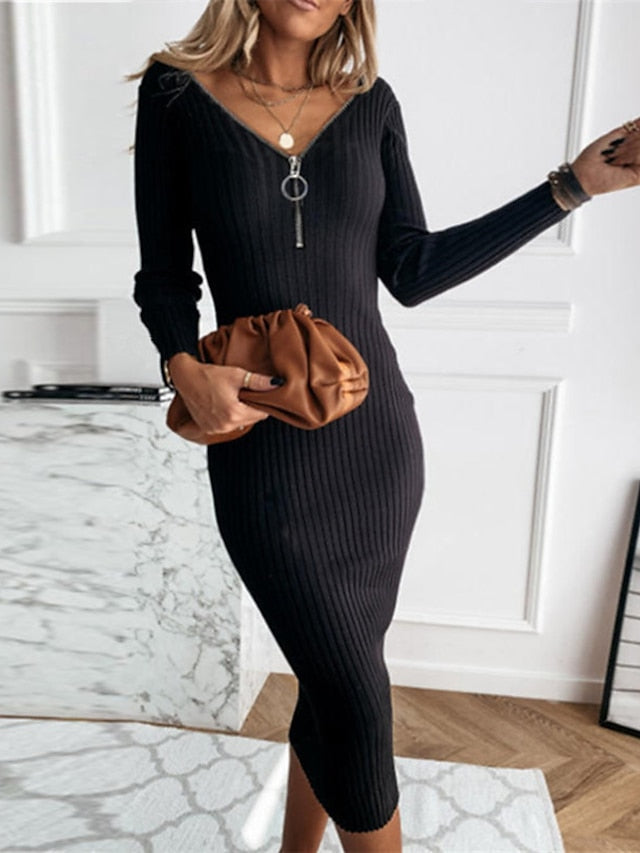 Women's Sweater Dress Jumper Dress Casual Dress Midi Dress Knitwear Fashion Elegant Dress Pure Color Winter Dress Daily Holiday Fall Dress Deep V Long Sleeve Zipper 2023 Regular Fit Black White khaki