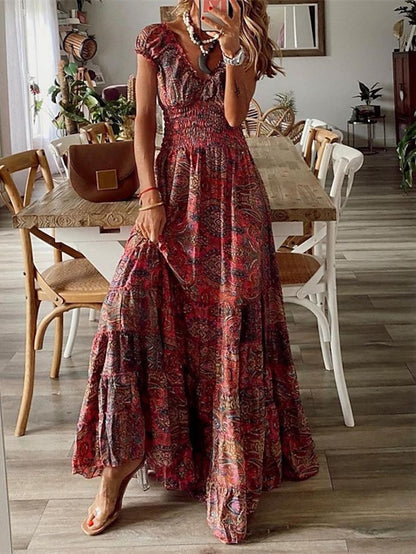 Women's Swing Dress Boho Dress Long Dress Maxi Dress Wine Short Sleeve Floral Print Spring Summer V Neck Weekend Loose Fit 2023 S M L XL XXL 3XL - LuckyFash™