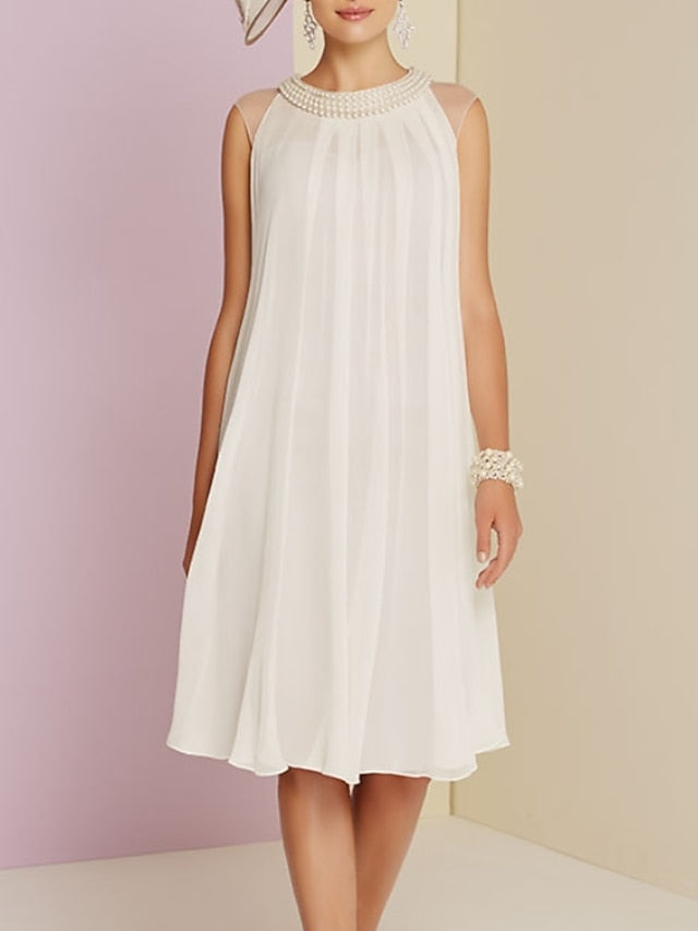 Sheath / Column Mother of the Bride Dress Wedding Guest Elegant Jewel Neck Knee Length Chiffon Sleeveless with Pleats Beading 2023 - LuckyFash™