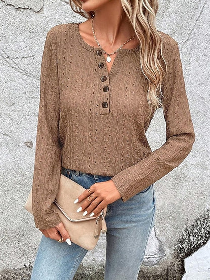 Women's Shirt Lace Shirt Blouse Eyelet top Cotton Textured Color Block Plain Work Button Black Long Sleeve Fashion Round Neck Spring &  Fall